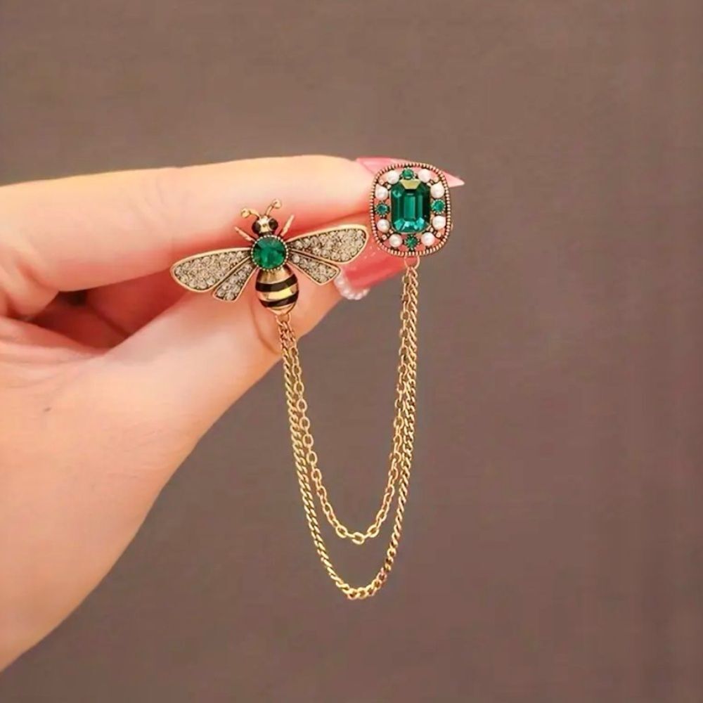 Bee Tassel Brooch with green and clear crystals, pin closure.